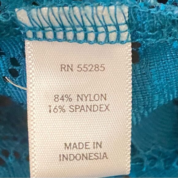 Express Sheer Lace Teal Blouse Short Sleeve Womens Size Large Stretchy High Neck - Picture 5 of 6